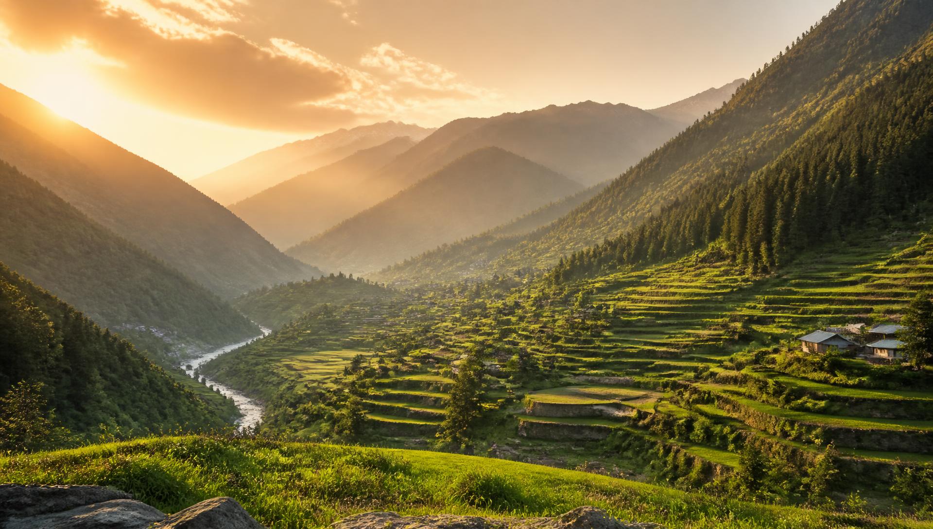 Green terraced valley and pine mountains of Swat, northern Pakistan at golden hour