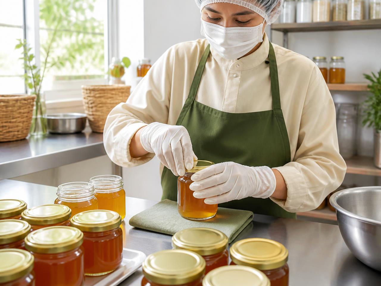 Gloved hands sealing glass jars of honey in a clean packing area